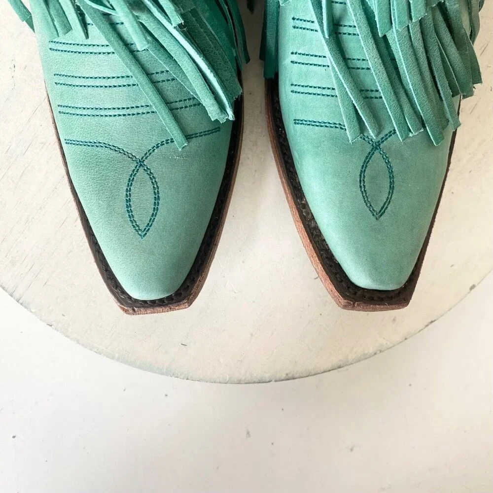 Lane Junk Gypsy Spitfire Fringe Cowboy Boots Turquoise Short Ankle Booties 5 New
